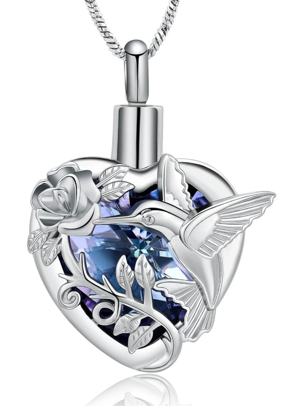 Hummingbird Cremation Jewelry Crystal Heart Urn Necklace for Ashes - Memorial